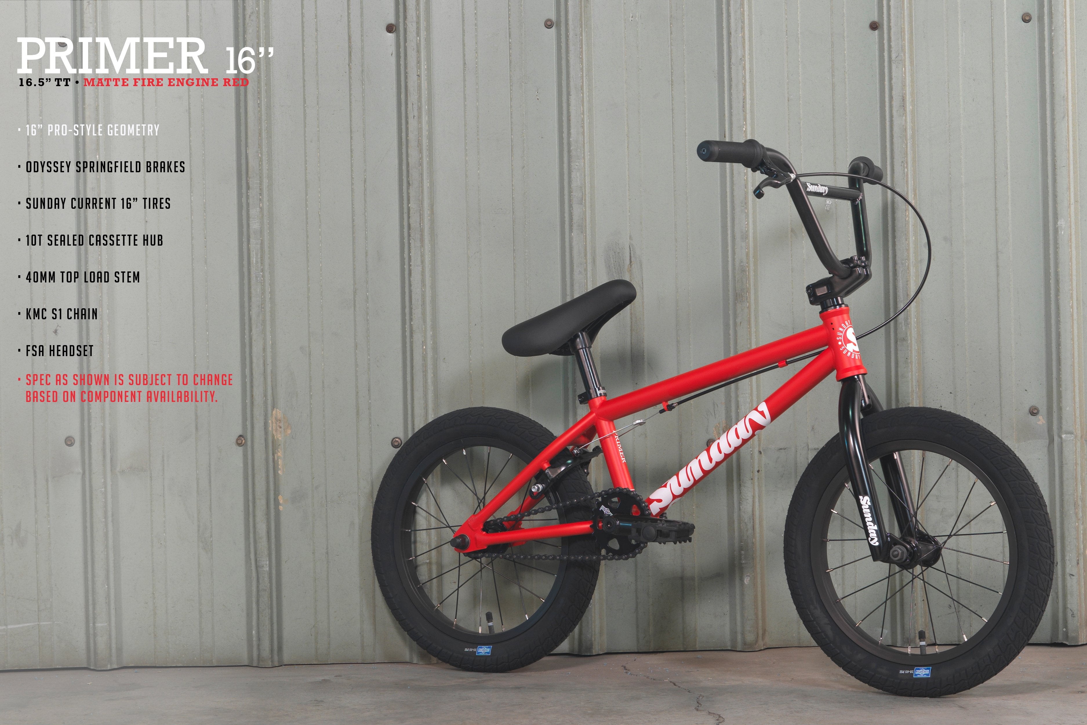 16 bmx bicycle Sunday Primer 16" (Matte Fire Engine Red with 16.5" tt)